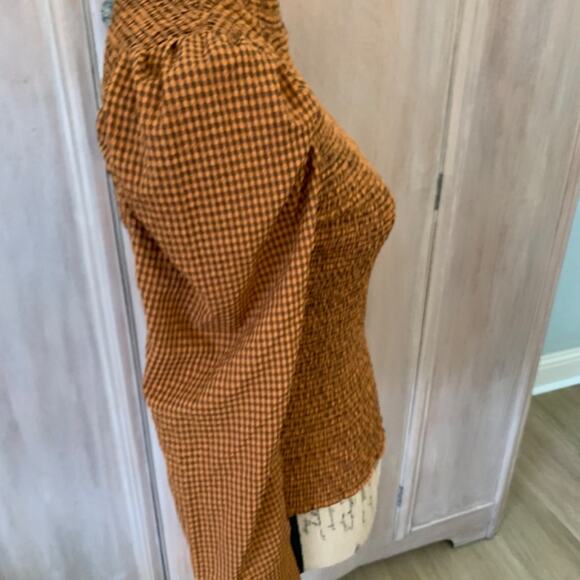 Scotch & Soda Smocked High Neck Top brown check gingham puff sleeve blouse FallS - Picture 11 of 15